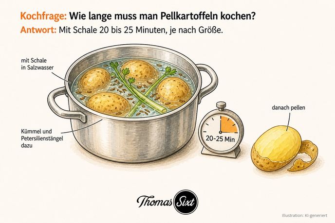 Grafik Wie lange muss man Pellkartoffeln kochen, ein Topf mit ungeschälten Kartoffeln in Salzwasser mit Kümmel und Petersilienstängeln, eine Uhr mit 20 bis 25 Minuten und eine gepellte Kartoffel