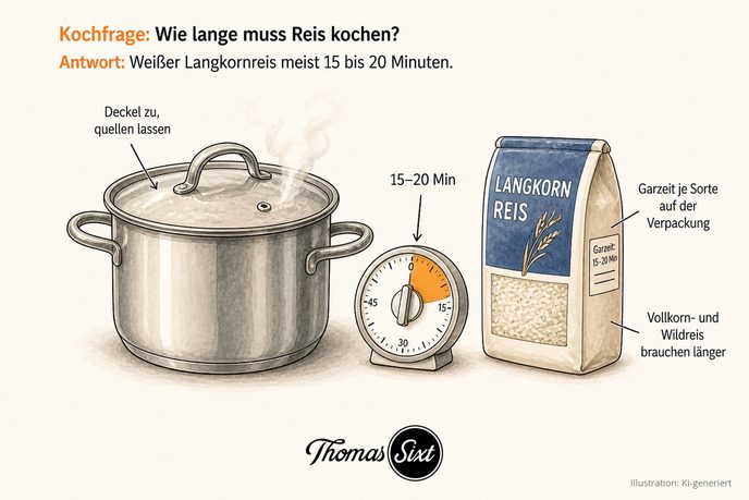 Grafik Wie lange muss Reis kochen, ein Topf mit Deckel, eine Küchenuhr mit 15 bis 20 Minuten und eine Langkornreis-Packung mit Garzeit-Hinweis