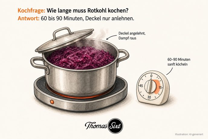 Grafik Rotkohl kochen auf dem Herd, Topf mit angelehntem Deckel und entweichendem Dampf, Küchentimer auf 60 bis 90 Minuten