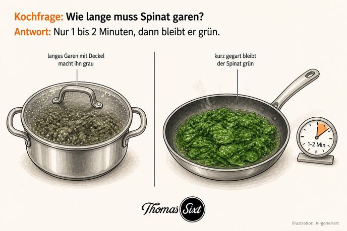 Grafik Wie lange muss Spinat garen, links ein Topf mit Deckel und grauem Spinat, rechts eine Pfanne mit kurz gegartem grünem Spinat und eine Uhr mit 1 bis 2 Minuten