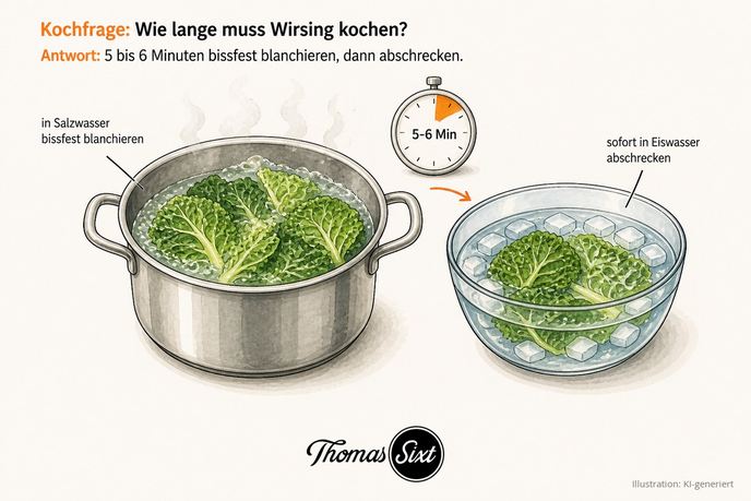 Grafik Wie lange muss Wirsing kochen, ein Kochtopf mit grünen Wirsingblättern in kochendem Salzwasser, eine Küchenuhr mit fünf bis sechs Minuten und eine Schüssel Eiswasser mit Eiswürfeln