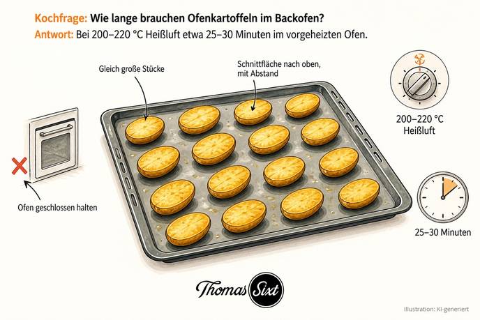 Backblech mit halbierten Ofenkartoffeln, Schnittfläche nach oben und mit Abstand, daneben Ofenregler mit 200–220 °C Heißluft und Uhr mit 25–30 Minuten