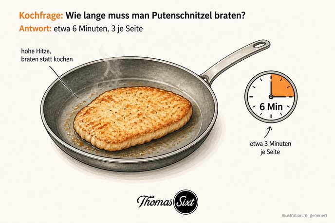 Putenschnitzel in der Pfanne neben einer Uhr mit sechs Minuten als Illustration