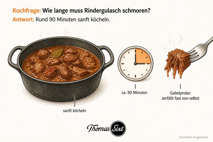 Wie lange muss Rindergulasch schmoren: ein Schmortopf mit Rindergulasch, daneben eine Uhr die etwa 90 Minuten zeigt und eine Gabel mit zartem, fast zerfallendem Fleisch