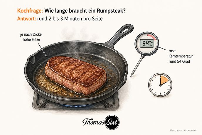 Rumpsteak in heißer Pfanne mit Kerntemperatur-Thermometer bei rund 54 Grad als Illustration
