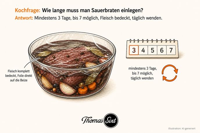 Grafik Sauerbraten einlegen, Rindfleisch komplett in dunkler Beize mit Lorbeer, Wacholder, Zwiebel und Wurzelgemüse in einer Glasschüssel mit direkt aufgelegter Frischhaltefolie und Kalender mindestens 3 bis 7 Tage