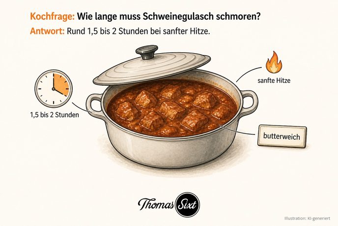 Wie lange muss Schweinegulasch schmoren: ein Topf mit Deckel und dunkelrotem Schweinegulasch, daneben eine Uhr mit 1,5 bis 2 Stunden und der Hinweis butterweich