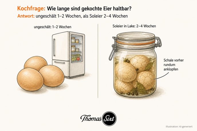 Hart gekochte Eier mit Kühlschrank und ein Glas Soleier mit angeklopften Schalen in Salzlake als Illustration