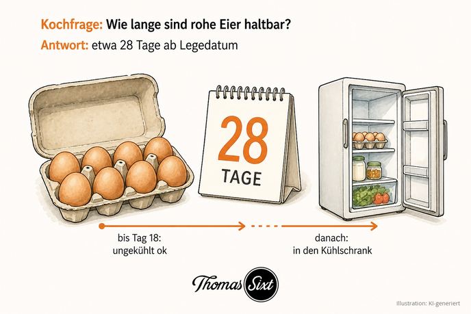 Eierkarton, Kalender mit 28 Tagen und Kühlschrank als Illustration zur Haltbarkeit roher Eier