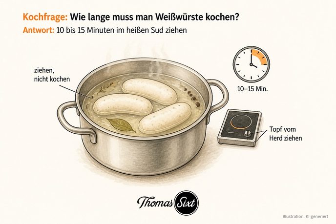 Kochtopf mit Weißwürsten im heißen Sud, eine Uhr mit 10 bis 15 Minuten und eine Herdplatte als Illustration