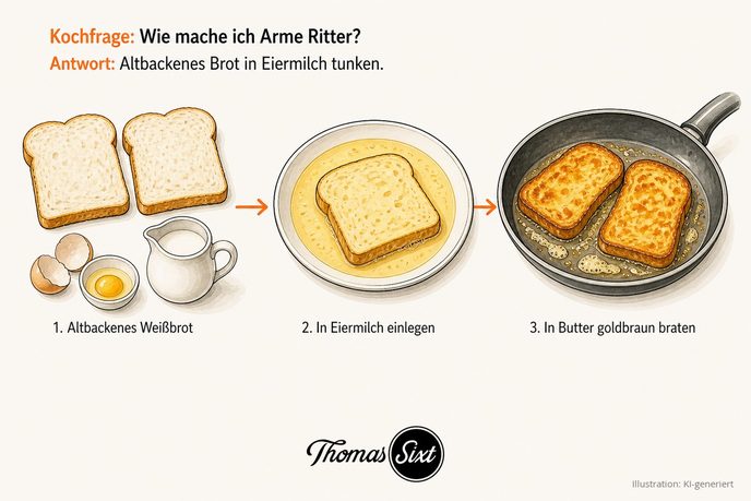 Drei Schritte: zwei Scheiben trockenes Weißbrot neben Ei und Milchkännchen, Teller mit Eiermilch in der eine Brotscheibe einweicht, Pfanne mit zwei goldbraun gebratenen Scheiben in Butter