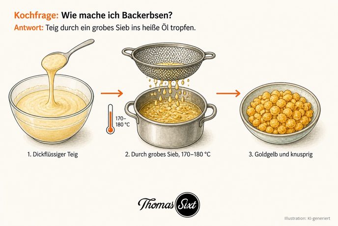 Drei Schritte: Glasschüssel mit dickflüssigem Teig, der zäh vom Löffel fällt, grobmaschiges Sieb über einem Topf mit heißem Öl und Thermometer bei 170 bis 180 Grad, Schale mit goldgelben knusprigen Teigperlen