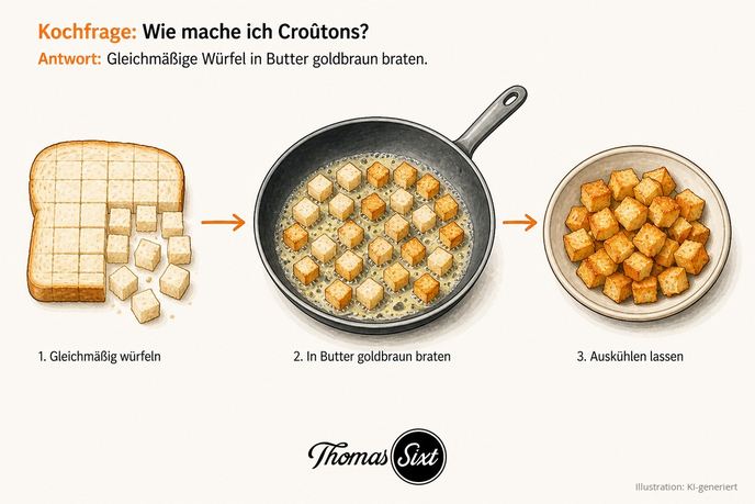 Drei Schritte: Weißbrotscheibe teilweise in gleichmäßige Würfel geschnitten, Pfanne mit aufgeschäumter Butter und Brotwürfeln, Schale mit goldbraunen knusprigen Würfeln