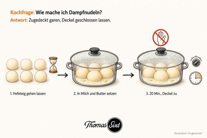 Drei Schritte: sechs helle Hefeteigkugeln neben einer Sanduhr, breiter Topf mit Milch und Butter in dem die Kugeln unter geschlossenem Glasdeckel sitzen, derselbe Topf mit Herdregler auf niedriger Stufe und Uhr