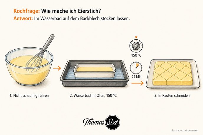 Drei Schritte: Glasschüssel mit glatter gelber Eiermilch und Schneebesen, Auflaufform mit Eiermilch die im Wasserbad auf einem tiefen Backblech steht, daneben Ofenregler 150 Grad und Uhr mit 25 Minuten, fertiger Eierstich in Rauten geschnitten