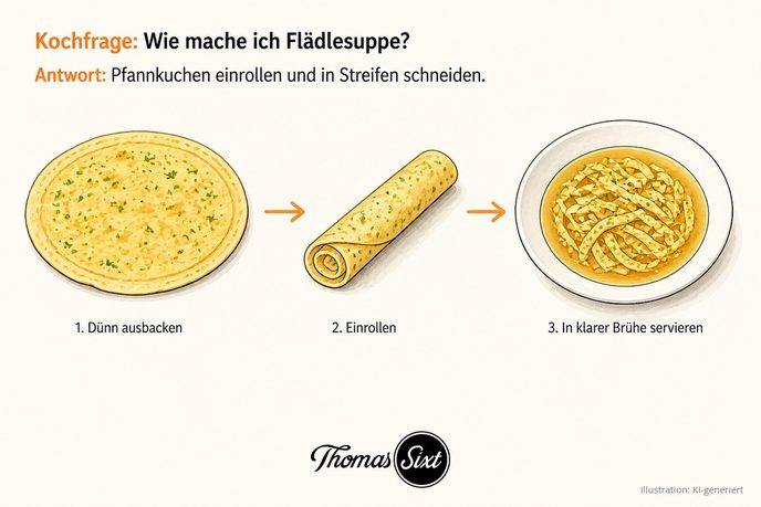 Drei Schritte nebeneinander: dünner Pfannkuchen mit Kräuterstückchen, eingerollter Pfannkuchen und Suppenteller mit klarer Brühe und Pfannkuchenstreifen