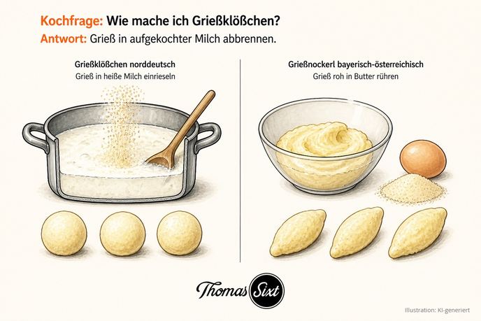 Vergleich zweier Zubereitungen: links Topf mit heißer Milch und einrieselndem Grieß über drei runden Klößchen, rechts Schüssel mit cremiger Butter neben Ei und rohem Grieß über drei länglichen Nockerln