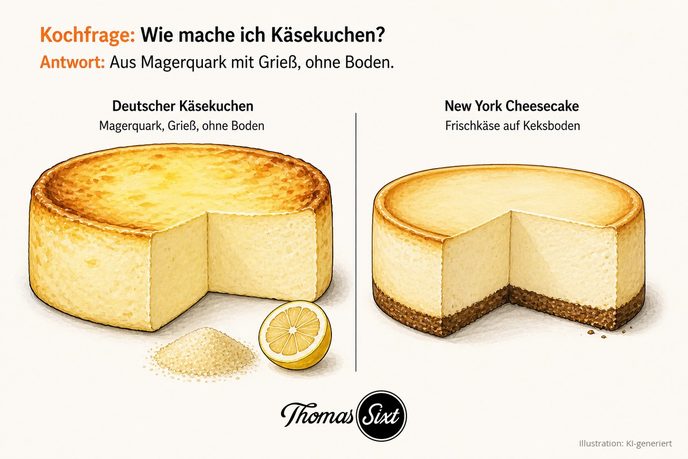 Vergleich zweier Käsekuchen im Querschnitt: links heller Käsekuchen ohne Bodenschicht mit goldbrauner Oberfläche neben Grieß und halber Zitrone, rechts Cheesecake mit dunklem Keksboden und heller Füllung
