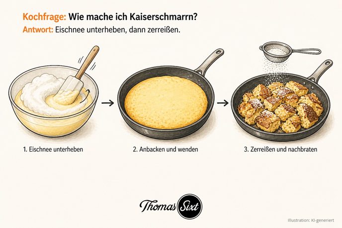 Drei Schritte: Rührschüssel mit hellgelbem Teig und weißer Eischneehaube, Pfanne mit geschlossener goldener Teigfläche, Pfanne mit gerissenen goldbraunen Schmarrnstücken und Puderzucker