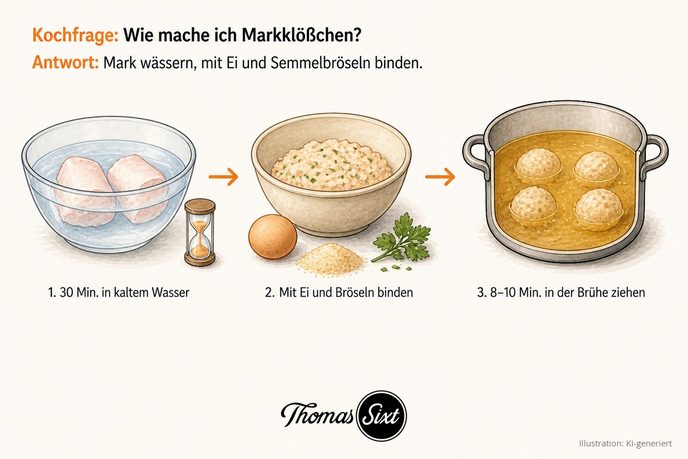 Drei Schritte: Glasschüssel mit kaltem Wasser und zwei hellen Markstücken neben einer Sanduhr, Rührschüssel mit heller Masse neben Ei, Semmelbröseln und Petersilie, Topf mit Brühe und vier Klößchen
