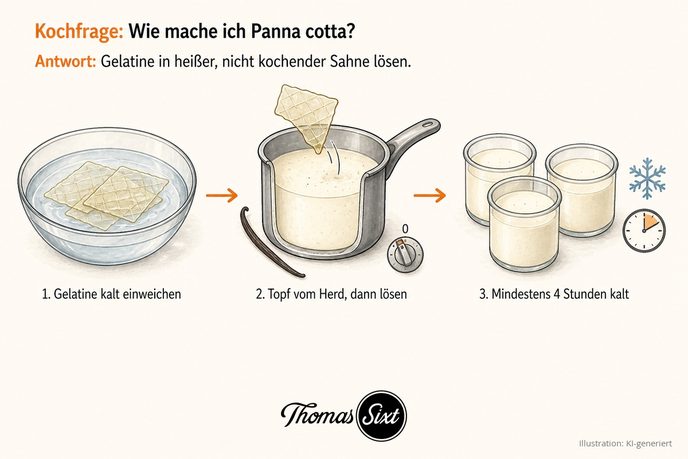 Drei Schritte: Schale mit kaltem Wasser und drei Gelatineblättern, Topf mit heißer Sahne neben ausgeschaltetem Herdregler in den ein Gelatineblatt gleitet, drei Gläser mit fester weißer Panna cotta