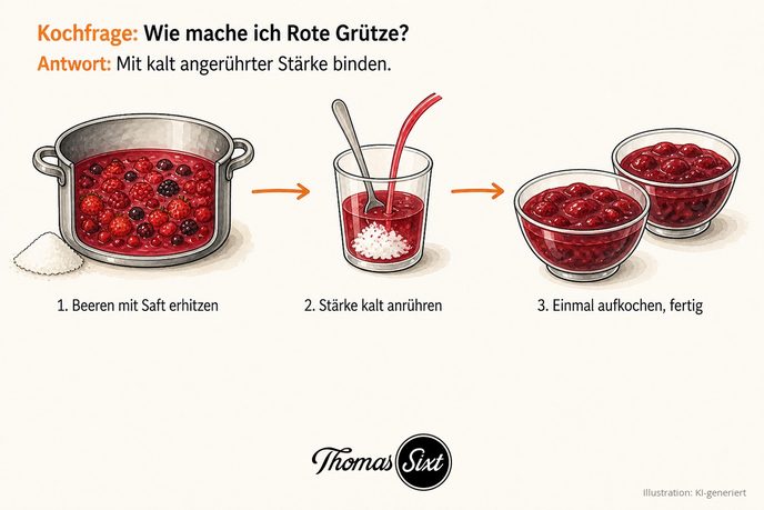 Drei Schritte: Topf mit roten Beeren in rotem Saft neben Zucker, Glas mit kaltem Saft und Speisestärke das in den Topf fließt, zwei Schalen mit gebundener dunkelroter Grütze