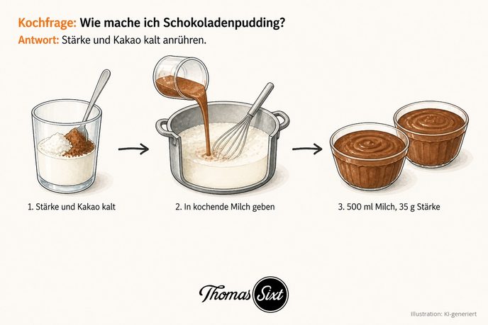Drei Schritte: Glas mit kalter Milch, Speisestärke und dunklem Kakaopulver, Topf mit heißer Milch in den die Kakaomischung fließt, zwei Schalen mit dunkelbraunem Pudding