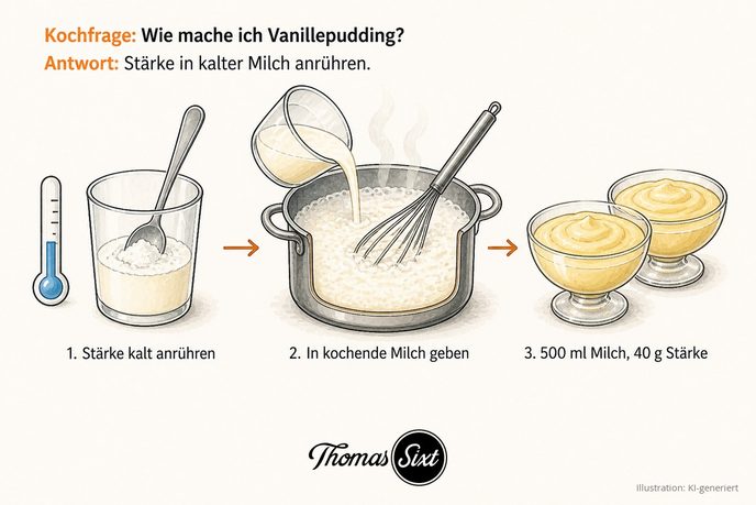 Drei Schritte: Glas mit kalter Milch und Speisestärke, Topf mit aufgekochter Milch und Schneebesen in den die angerührte Stärke fließt, zwei Schalen mit festem hellgelbem Pudding