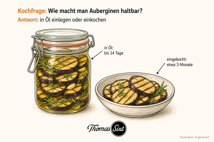 Einmachglas mit Auberginenscheiben in Öl und eine Schale gegrillter Auberginen als Illustration