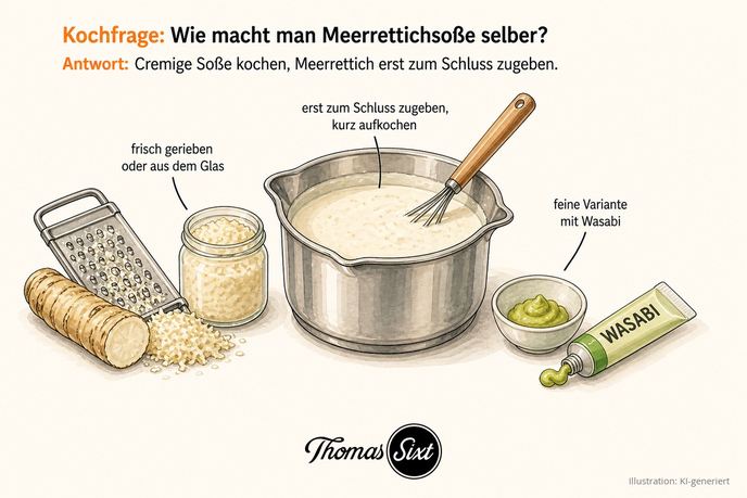 Grafik Wie macht man Meerrettichsoße selber, eine Meerrettichwurzel mit Reibe und ein Glas Meerrettich, ein Topf mit cremiger Meerrettichsoße und Schneebesen und eine hellgrüne Wasabipaste