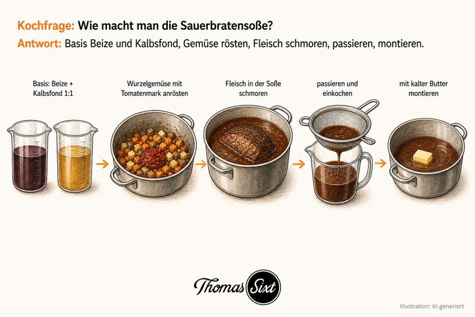 Grafik Sauerbratensoße in fünf Schritten, Messbecher Beize und Kalbsfond 1 zu 1, Topf mit Wurzelgemüse und Tomatenmark, Fleisch in der Soße schmorend, Passieren durch ein Sieb und Montieren mit kalter Butter