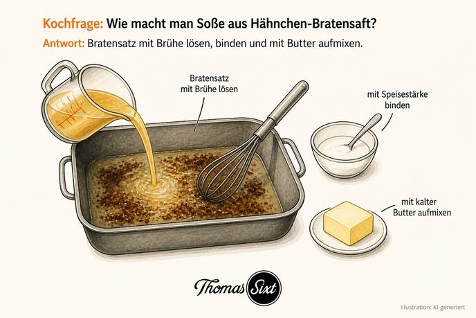 Grafik Wie macht man Soße aus Hähnchen-Bratensaft, ein Bräter mit braunem Bratensatz und angegossener Hühnerbrühe, ein Schneebesen, ein Schälchen mit Speisestärke und ein Stück Butter