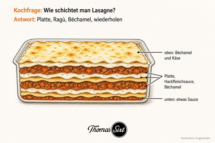 Querschnitt einer Lasagne mit beschrifteten Schichten aus Nudelplatten, Hackfleischsauce und Béchamel als Illustration