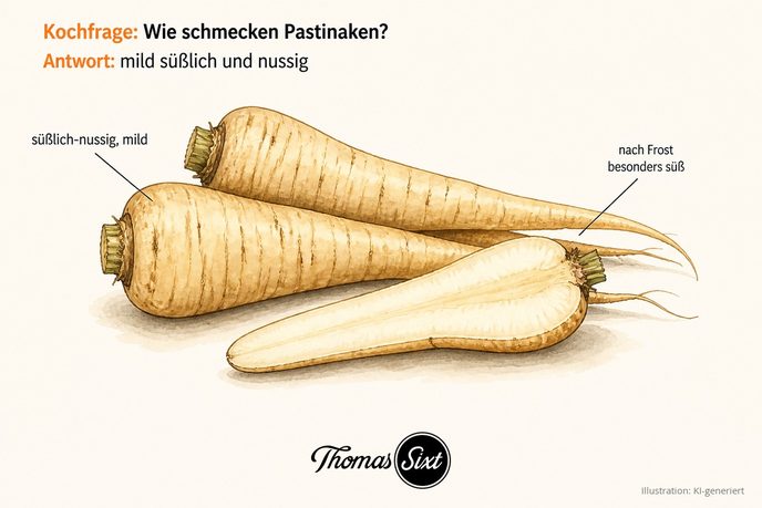 Ganze und längs aufgeschnittene Pastinaken als Illustration