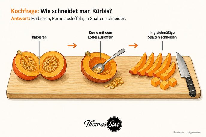 Grafik Wie schneidet man Kürbis, ein halbierter Kürbis, eine Hälfte beim Auslöffeln der Kerne mit einem Löffel und in Spalten geschnittener Kürbis mit einem Messer