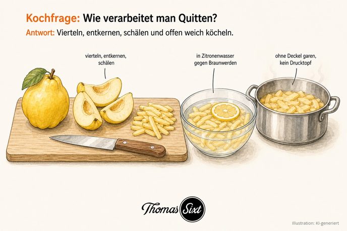 Grafik Wie verarbeitet man Quitten, Schneidebrett mit ganzer und geviertelter gelber Quitte, feine Streifen und Messer, Schüssel mit Zitronenwasser und offener Kochtopf mit Quittenstücken