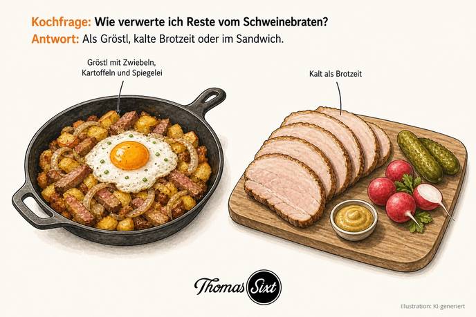 Links eine gusseiserne Pfanne mit Gröstl aus Fleischstreifen, Kartoffelwürfeln und Zwiebelringen mit Spiegelei, rechts ein Holzbrett mit kalten Bratenscheiben, Essiggurken, Radieschen und einem Schälchen Senf