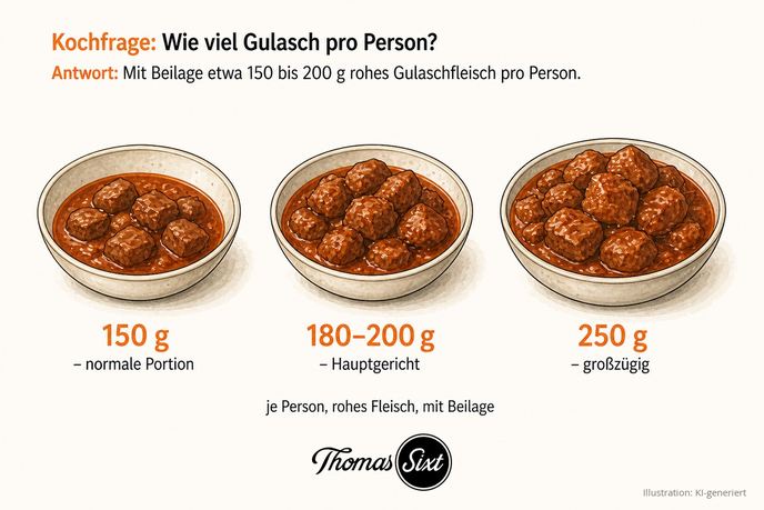 Grafik Wie viel Gulasch pro Person, drei Schalen mit steigender Menge Rindergulasch und Beschriftung 150 g normale Portion, 180 bis 200 g Hauptgericht und 250 g großzügig je Person