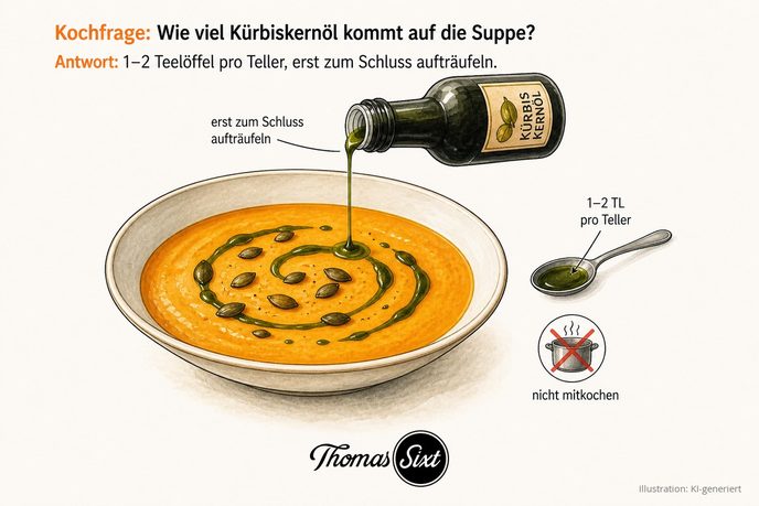 Wie viel Kürbiskernöl kommt auf die Suppe: ein Teller Kürbissuppe, aus einem Fläschchen wird dunkelgrünes Kürbiskernöl aufgeträufelt, ein Teelöffel mit Öl und ein durchgestrichenes Topfsymbol für nicht mitkochen