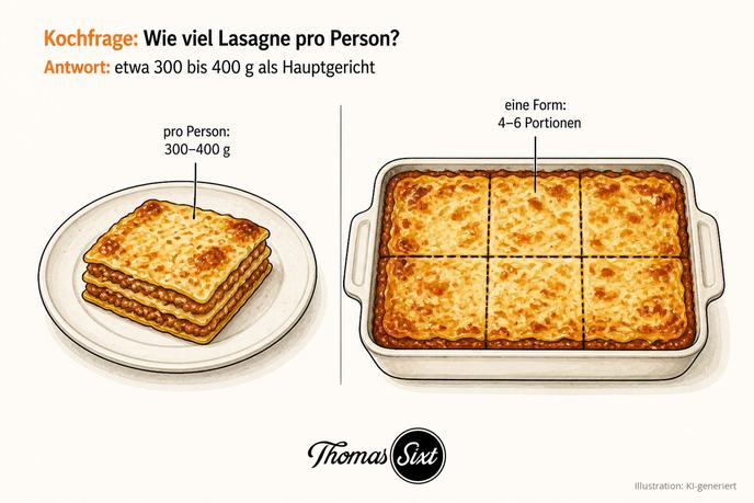 Ein Teller mit einer Lasagne-Portion und eine Auflaufform in vier bis sechs Stücke eingeteilt als Illustration zur Menge