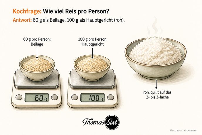 Grafik Wie viel Reis pro Person, zwei Schälchen mit rohem Reis, 60 Gramm als Beilage und 100 Gramm als Hauptgericht und eine Schüssel gekochter Reis