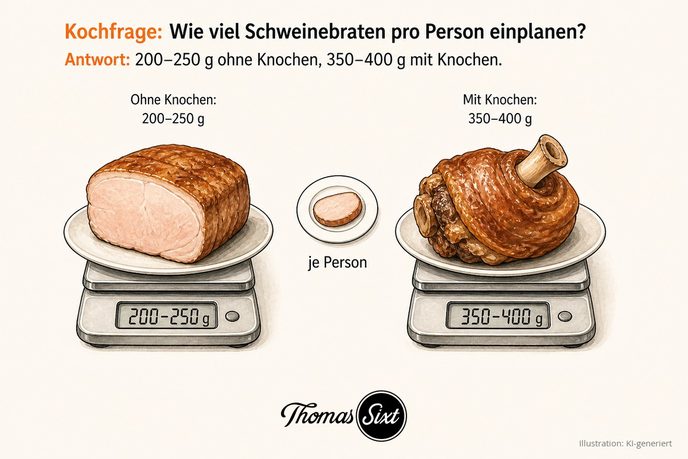 Zwei Küchenwaagen nebeneinander, links ein Bratenstück ohne Knochen mit Anzeige 200–250 g, rechts eine Schweinshaxe mit Knochen und Anzeige 350–400 g, dazwischen ein kleiner Teller mit einer Scheibe