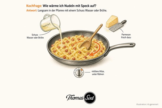 Pfanne mit Bandnudeln und Speckwürfeln, aus einem Messbecher läuft Brühe hinein, ein Kochlöffel mit Rührpfeil steckt darin, rechts ein Stück Parmesan mit Reibe, unten ein Regler auf mittlerer Stufe