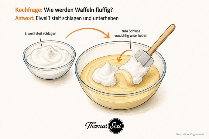 Schüssel mit Waffelteig und steif geschlagenem Eiweiß, das mit einem Teigschaber untergehoben wird, als Illustration