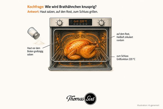 Grafik Wie wird Brathähnchen knusprig, ein Backofen mit einem Brathähnchen auf dem Rost mit zirkulierender Heißluft, Grillfunktion 220 Grad und ein Salzstreuer