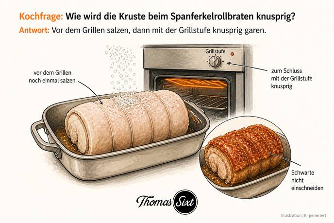 Grafik Wie wird die Kruste beim Spanferkelrollbraten knusprig, ein Spanferkelrollbraten im Bräter mit aufgestreutem Salz, ein Backofen mit Grillstufe und die fertige krosse Schwarte