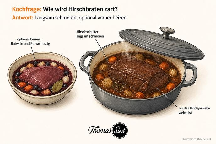 Grafik Wie wird Hirschbraten zart, ein Schmortopf mit Hirschschulter in dunkler Soße und Röstgemüse, daneben eine Schüssel Beize aus Rotwein und Rotweinessig mit Wacholder und Lorbeer