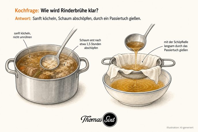 Grafik Wie wird Rinderbrühe klar, ein Topf mit Rinderbrühe und einer Schöpfkelle die den Schaum abnimmt, daneben eine Schöpfkelle die die Brühe langsam durch ein Passiertuch in eine Schüssel gießt