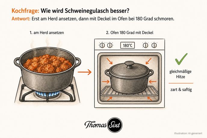 Wie wird Schweinegulasch besser: links ein Topf auf dem Herd zum Ansetzen, rechts ein geschlossener Topf mit Deckel im Backofen bei 180 Grad, Hinweis gleichmäßige Hitze zart und saftig