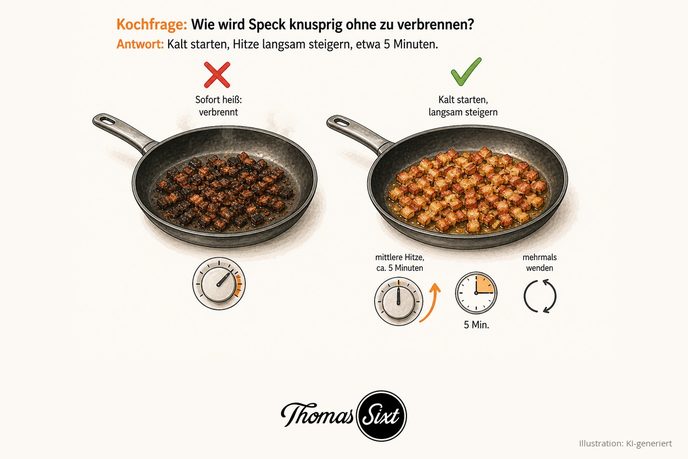 Links eine Pfanne mit dunkel verbrannten Speckwürfeln und rotem Kreuz, rechts goldbraune knusprige Speckwürfel in ausgelassenem Fett mit grünem Haken, darunter Reglersymbol, Uhr mit 5 Minuten und Wende-Pfeile